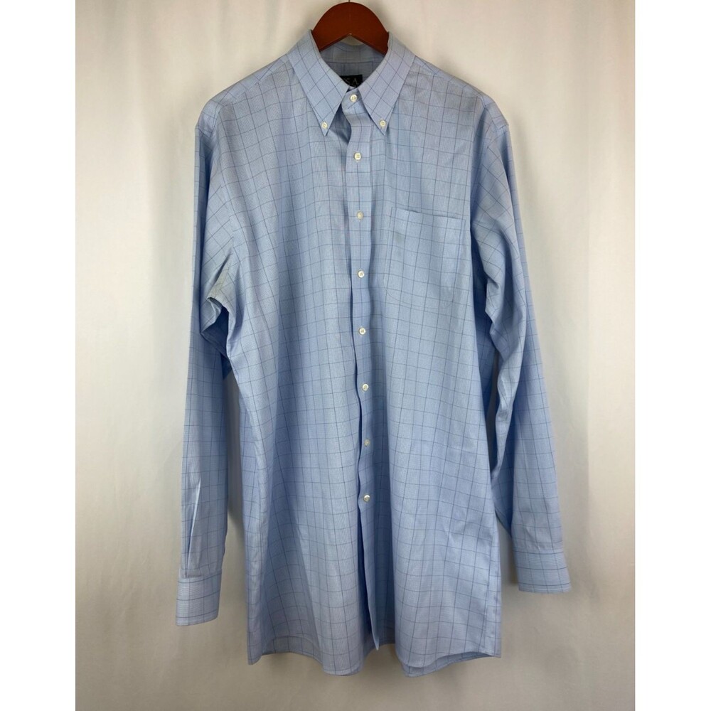 Jos A Bank Shirt 16.5-37 Blue Check Button Down Travelers Collection Cotton FLAW